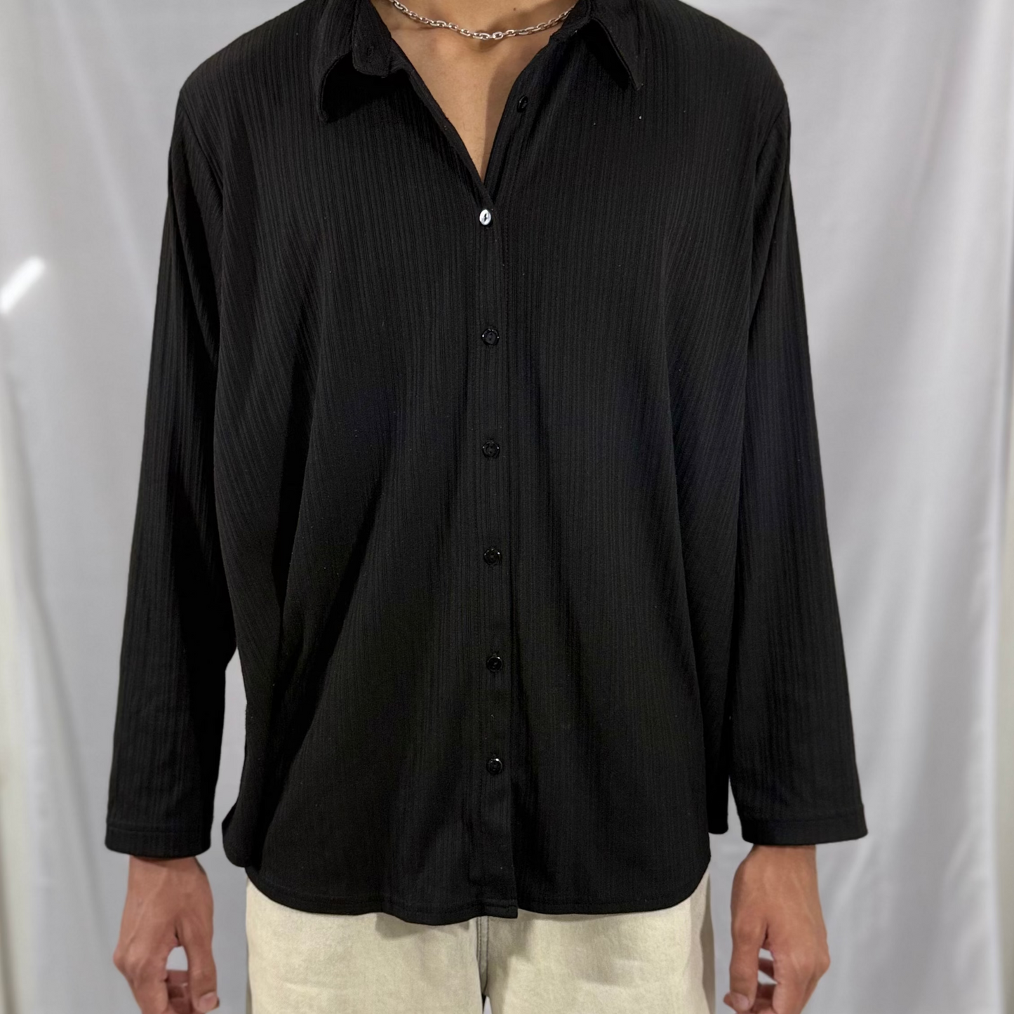 STRECHABLE BLACK STRIPPED SHIRT IS AVAILABLE IN SIZE OF M/30-32