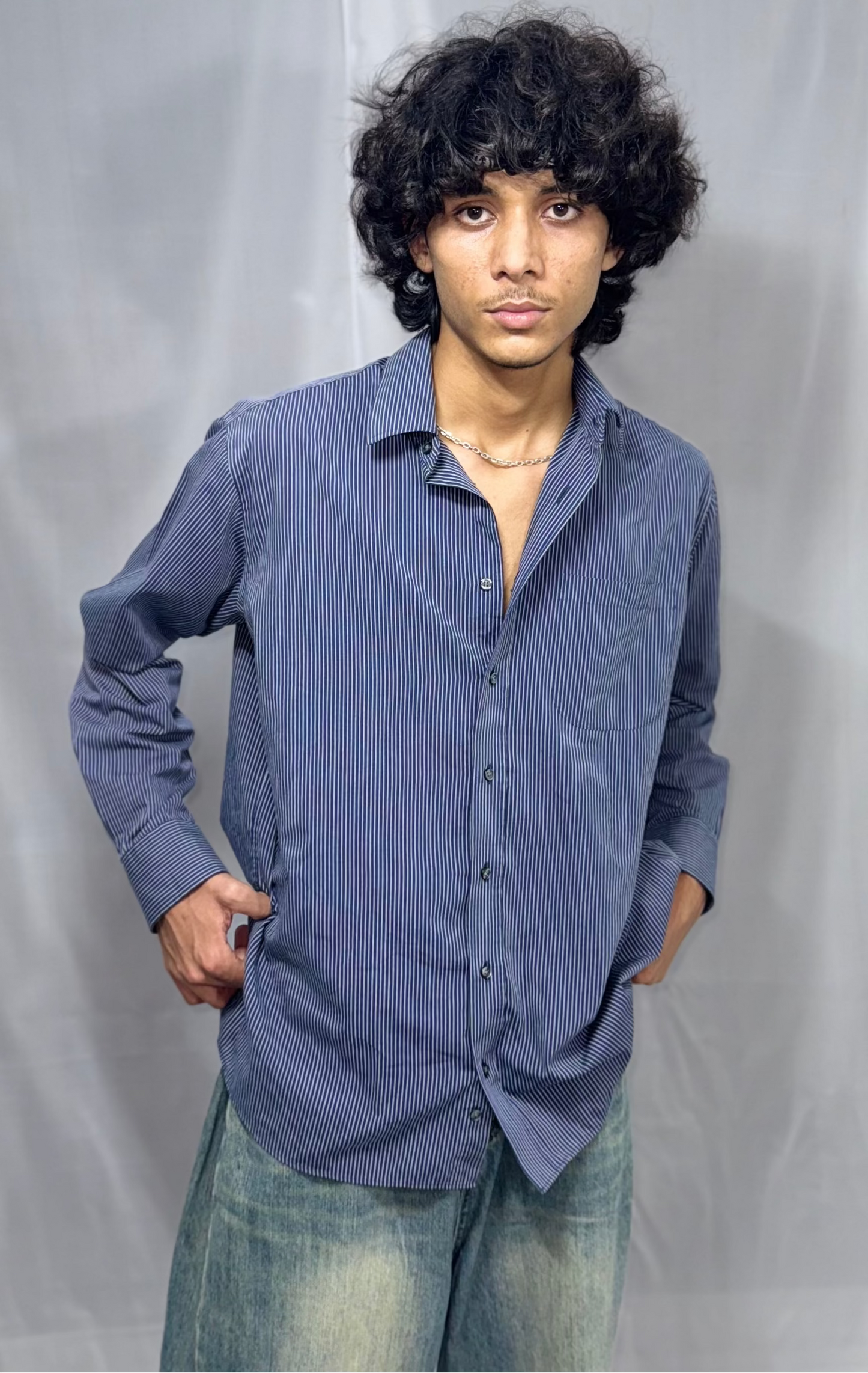 DARK BLUE STRIPED SHIRT OF MARKS & SPENCER IS AVAILABLE IN SIZE OF L/32-34