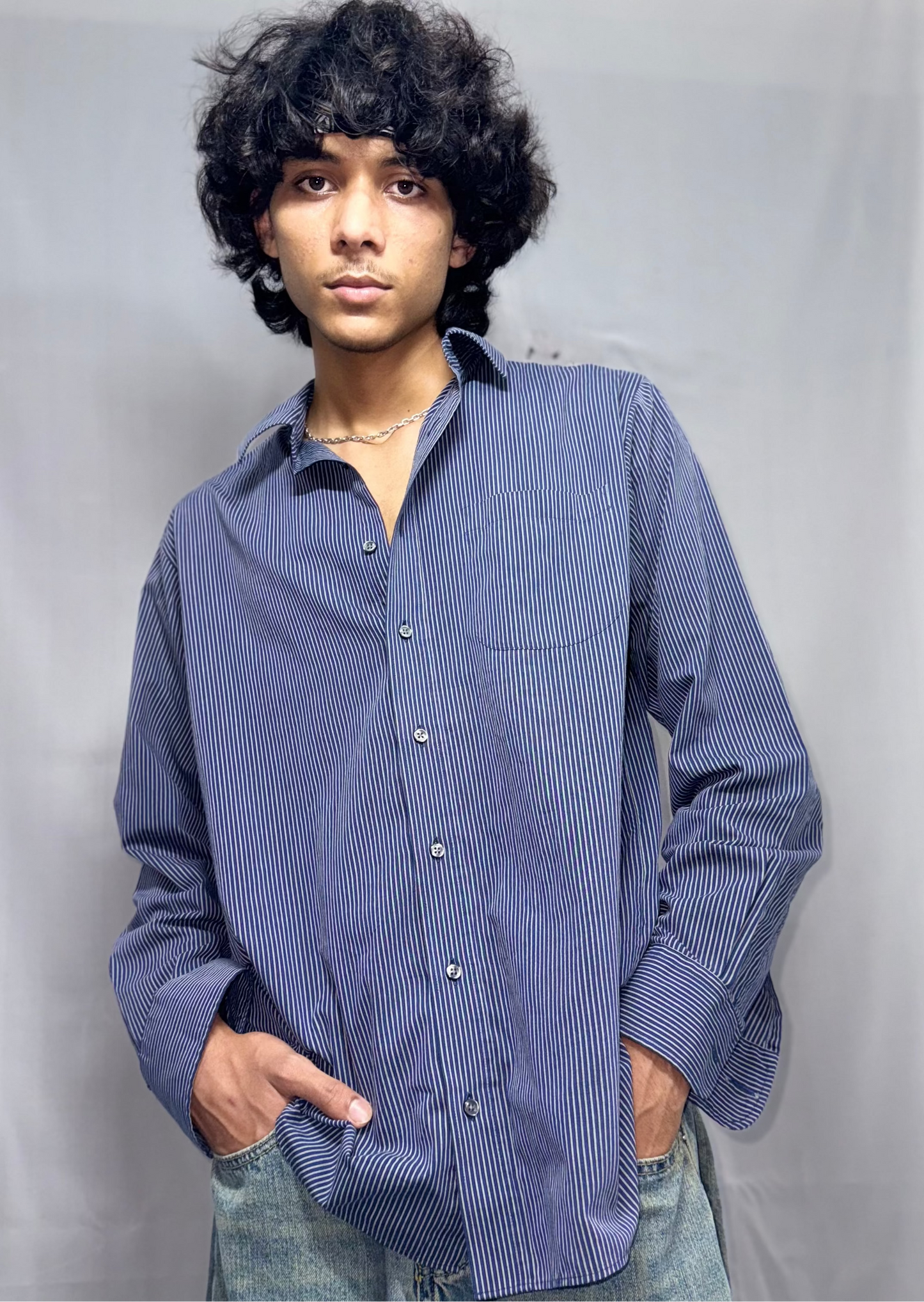 DARK BLUE STRIPED SHIRT OF MARKS & SPENCER IS AVAILABLE IN SIZE OF L/32-34