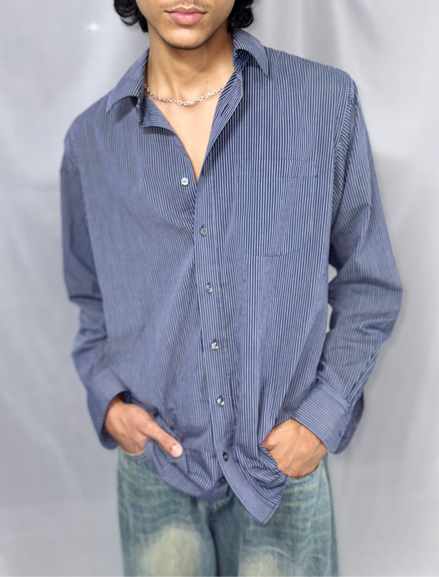 DARK BLUE STRIPED SHIRT OF MARKS & SPENCER IS AVAILABLE IN SIZE OF L/32-34