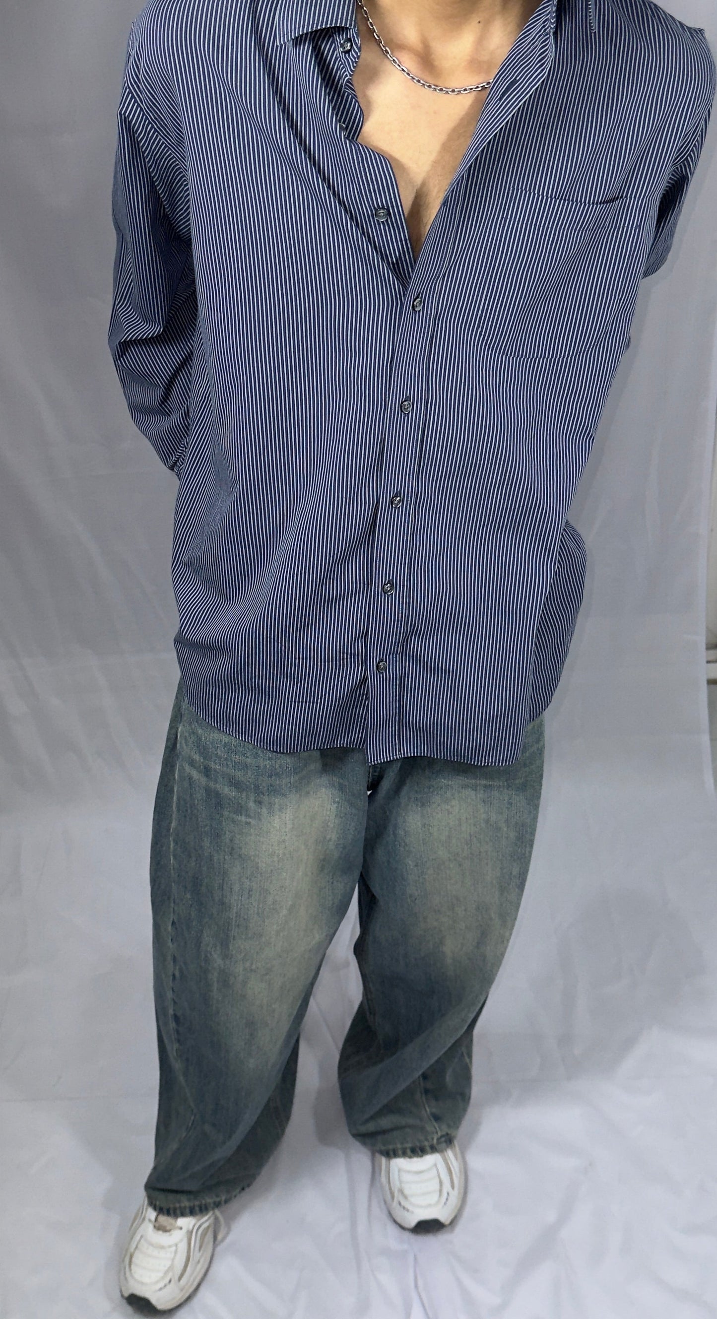 DARK BLUE STRIPED SHIRT OF MARKS & SPENCER IS AVAILABLE IN SIZE OF L/32-34